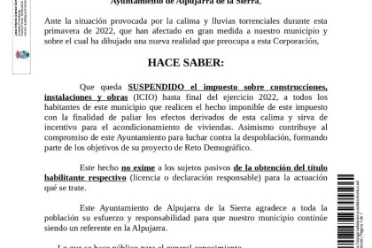 Alpujarra de la Sierra suspende el impuesto sobre construcciones, instalaciones y obras hasta finales de 2022 para paliar los efectos de la calima